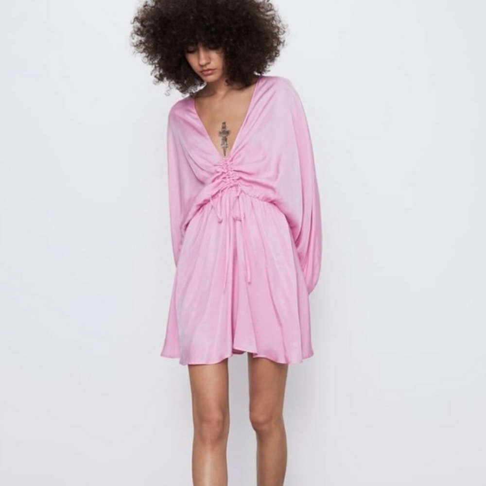 Zara Pink Satin Effect Cinched Front Mini Dress Balloon Sleeve A-line